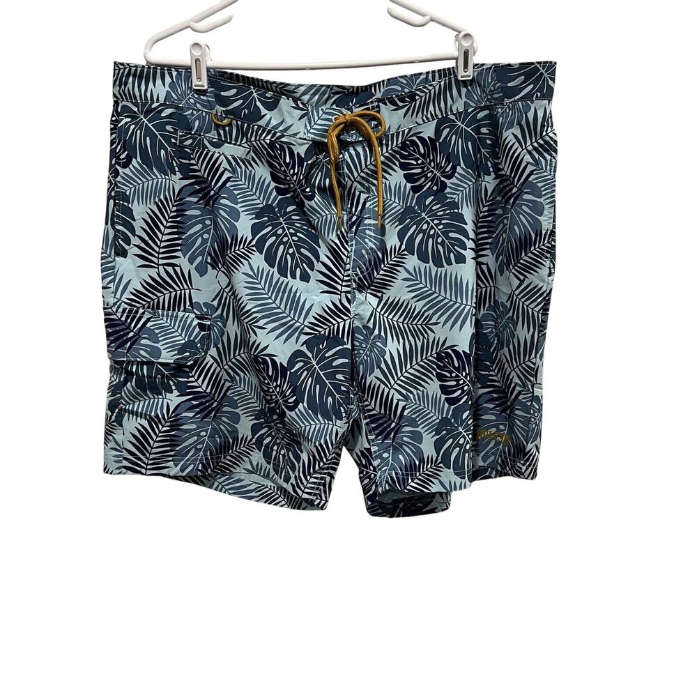 Duluth Trading Swim Trunks Shorts Mens Size 44 Blue Palm Print 9” Long Beach